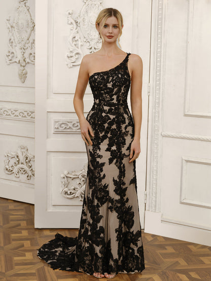 One-Shoulder-Brautkleid aus Ärmellosem Tüll Im Meerjungfrau-Stil mit Applikationen