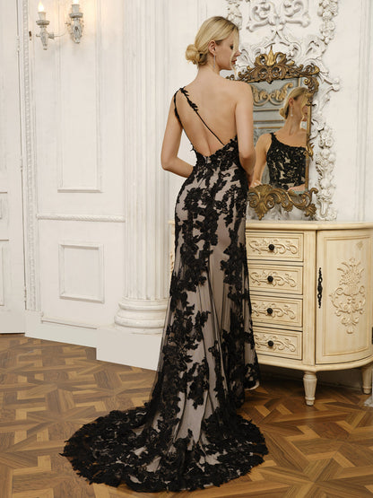 One-Shoulder-Brautkleid aus Ärmellosem Tüll Im Meerjungfrau-Stil mit Applikationen