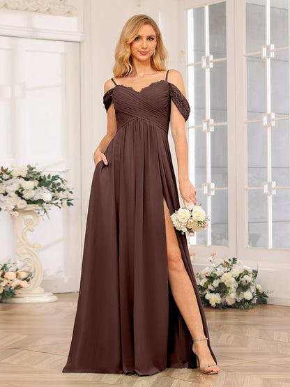 A-Linie/Prinzessin Spaghettiträger Lange Hochzeits-Partykleider mit Schlitz An Der Seite Und Taschen