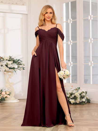 A-Linie/Prinzessin Spaghettiträger Lange Hochzeits-Partykleider mit Schlitz An Der Seite Und Taschen