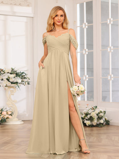 A-Linie/Prinzessin Spaghettiträger Lange Hochzeits-Partykleider mit Schlitz An Der Seite Und Taschen