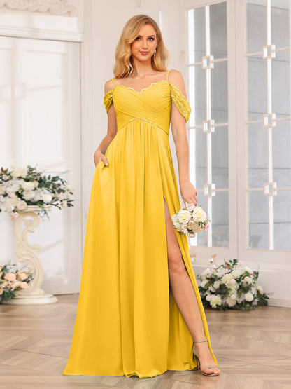 A-Linie/Prinzessin Spaghettiträger Lange Hochzeits-Partykleider mit Schlitz An Der Seite Und Taschen