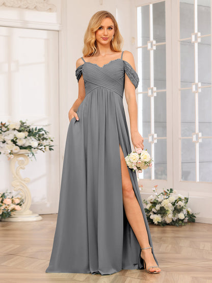 A-Linie/Prinzessin Spaghettiträger Lange Hochzeits-Partykleider mit Schlitz An Der Seite Und Taschen