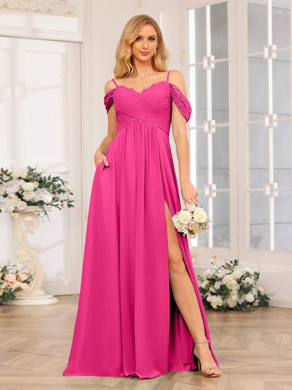 A-Linie/Prinzessin Spaghettiträger Lange Hochzeits-Partykleider mit Schlitz An Der Seite Und Taschen