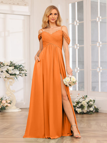 A-Linie/Prinzessin Spaghettiträger Lange Hochzeits-Partykleider mit Schlitz An Der Seite Und Taschen