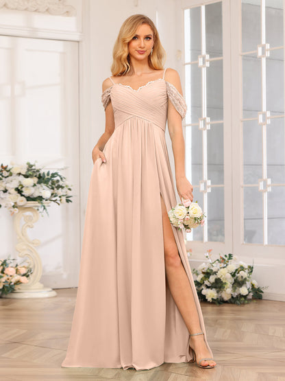 A-Linie/Prinzessin Spaghettiträger Lange Hochzeits-Partykleider mit Schlitz An Der Seite Und Taschen