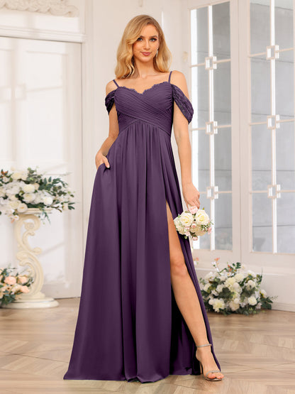A-Linie/Prinzessin Spaghettiträger Lange Hochzeits-Partykleider mit Schlitz An Der Seite Und Taschen