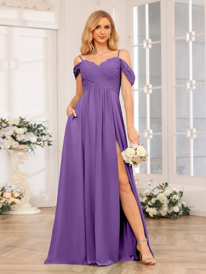 A-Linie/Prinzessin Spaghettiträger Lange Hochzeits-Partykleider mit Schlitz An Der Seite Und Taschen