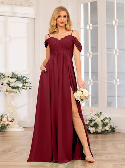 A-Linie/Prinzessin Spaghettiträger Lange Hochzeits-Partykleider mit Schlitz An Der Seite Und Taschen
