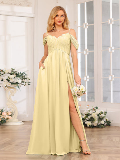 A-Linie/Prinzessin Spaghettiträger Lange Hochzeits-Partykleider mit Schlitz An Der Seite Und Taschen
